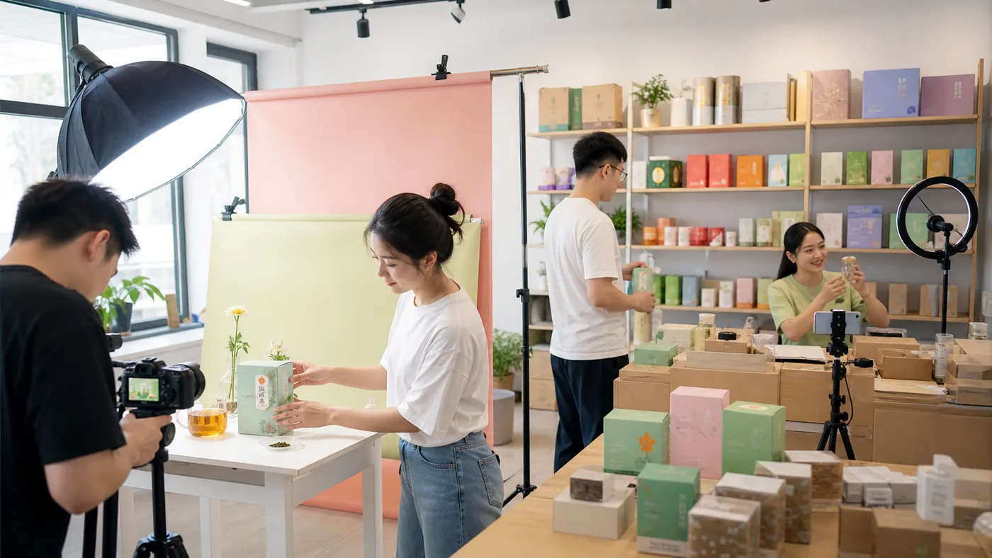 团队在内容工作室拍摄花小养产品