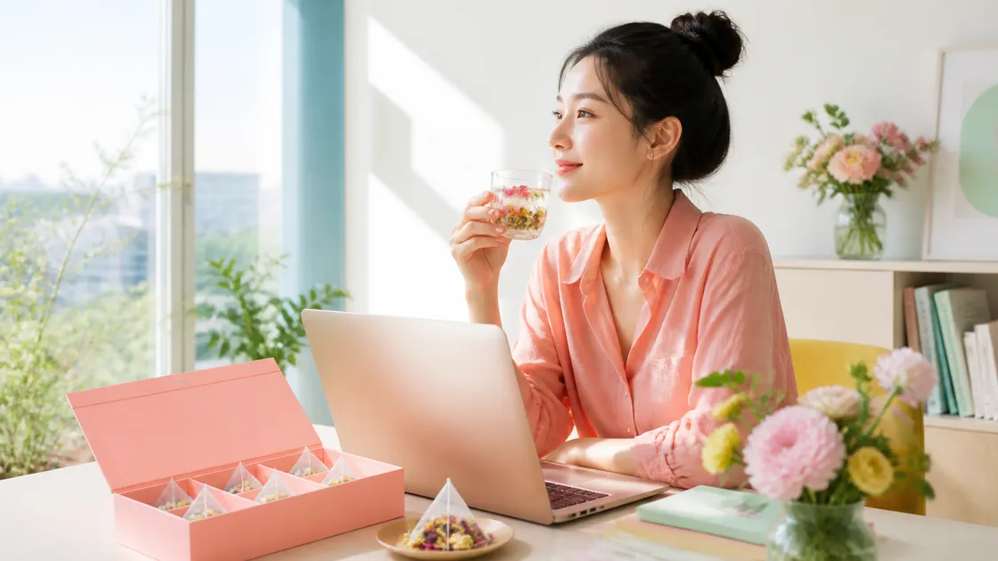 年轻女性在明亮办公室饮用花小养花茶